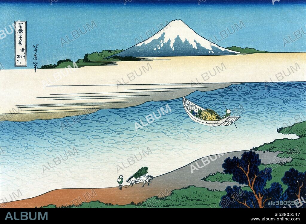 Tama River in Musashi Province is a woodblock print by the Japanese ukiyo-e artist Hokusai. The twenty-seventh print in Hokusai's series Thirty-six Views of Mount Fuji. Shows a man poling a boat across the Tama River and a man leading a packhorse along the shore. Mount Fuji is a frequent subject of Japanese art especially after 1600, when Edo (Tokyo) became the capital and people saw the mountain while traveling on the Tokaido road. The mountain is mentioned in Japanese literature throughout the ages and is the subject of many poems. Mount Fuji is an active stratovolcano located near the Pacific coast of Honshu and one of Japan's "Three Holy Mountains". The ukiyo-e genre of art flourished in Japan from the 17th through 19th centuries. Its artists produced woodblock prints and paintings of such subjects as female beauties; kabuki actors and sumo wrestlers; scenes from history and folk tales; travel scenes and landscapes; flora and fauna; and erotica.