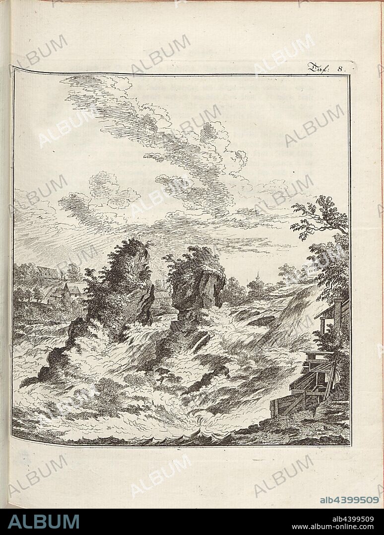 Rheinfall 2, View of the Rhine Falls from the Zurich side, copperplate engraving, pl. 8, to p. 44, Johann Gerhard Reinhard Andreae, Briefe aus der Schweiz. Nach Hannover geschrieben in dem Jare 1763. Zürich [etc.]: bei Joh. Caspar Füessli Sohn [etc.], 1776.