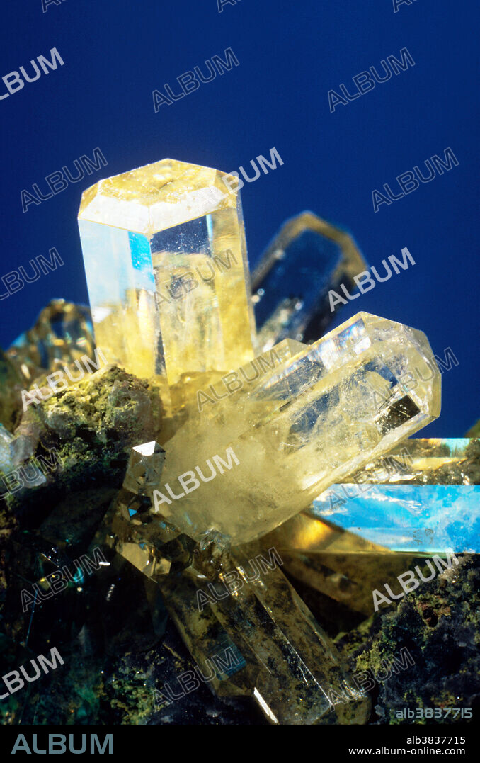 Mimetite, lead chloro-arsenate, is an attractive bright yellow mineral. It is related to a mineral called pyromorphite which has phosphorus instead of arsenic in its structure. Both minerals occur in fine crystals, but mimetite crystals are far less common. The world's premier locality for these is at Tsumeb, Namibia, where mimetite crystals up to a centimeter long occur, some of them even transparent.