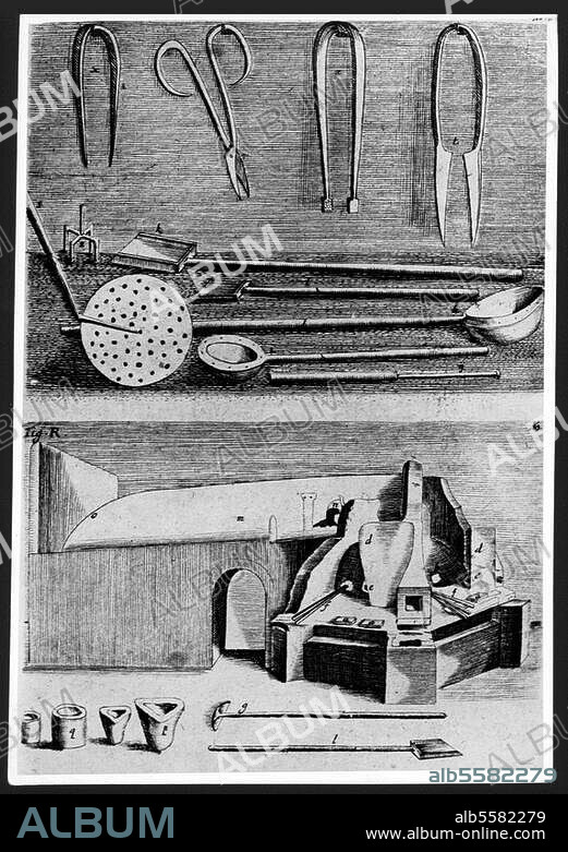 ANONYM. Technik / Glas. Die Werkzeuge des Glasbläsers. Kupferstich. Aus: Johann Kunckel von Löwenstern, Ars vitraria experimentalis, oder Vollkommene Glasmacher-Kunst (Frankfurt und Leipzig) 1689, S. 403.
