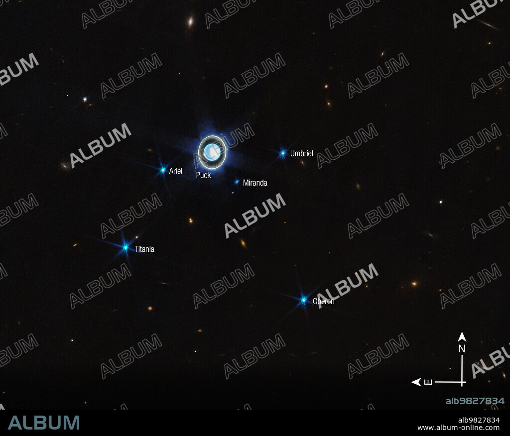 A full-sized wide shot of Uranus captured by the James Webb Space Telescope on Feb. 6, 2023. The image shows six of the planet's 27 known moons.