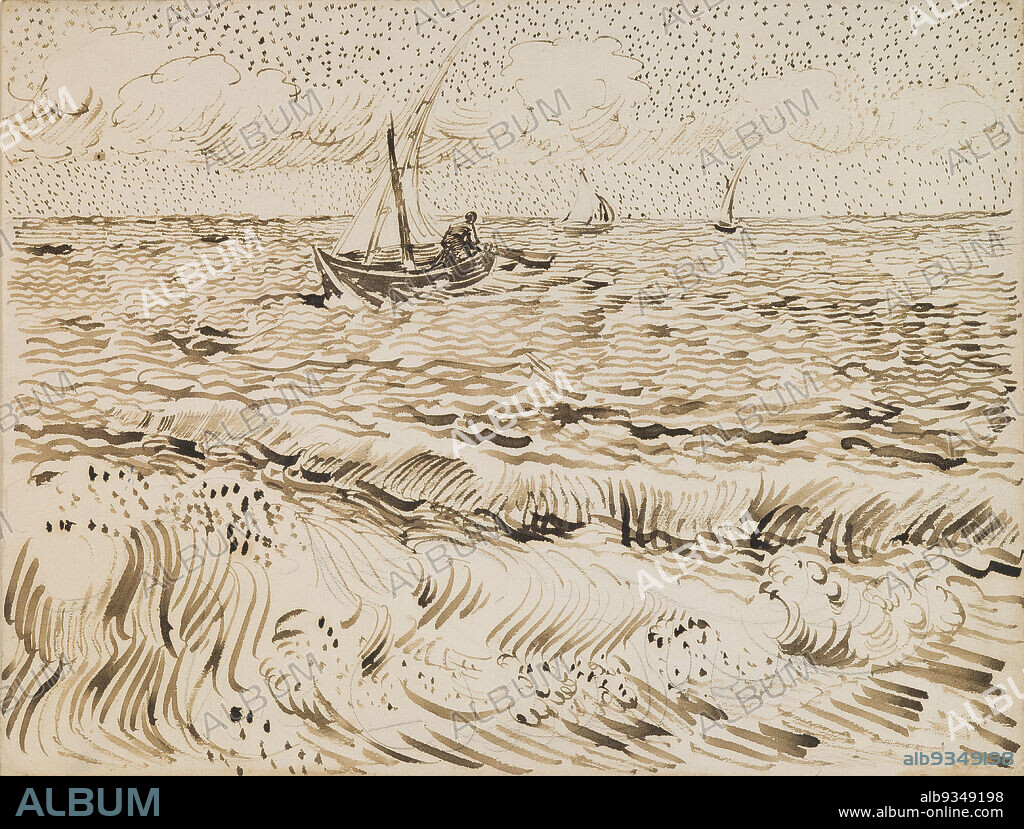 Fishing Boats at Saintes-Maries-de-la-Mer, Vincent van Gogh, Dutch, 18531890, 1888, Pen and ink and pencil, Made in Arles, France, Europe, Saintes-Maries-de-la-Mer, France, Europe, Drawings & watercolors, 9 5/8 x 12 9/16 in. (24.4 x 31.9 cm).
