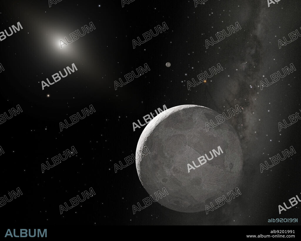 Artist's concept of Kuiper Belt object Eris and its tiny satellite Dysnomia. Eris is the large object at the bottom of the illustration. A portion of its surface is lit by the Sun, located in the upper left corner of the image. Eris's moon, Dysnomia, is located just above and to the left of Eris. The Hubble Space Telescope and Keck Observatory took images of Dysnomia's movement from which astronomer Mike Brown (Caltech) precisely calculated Eris to be 27 percent more massive than Pluto.