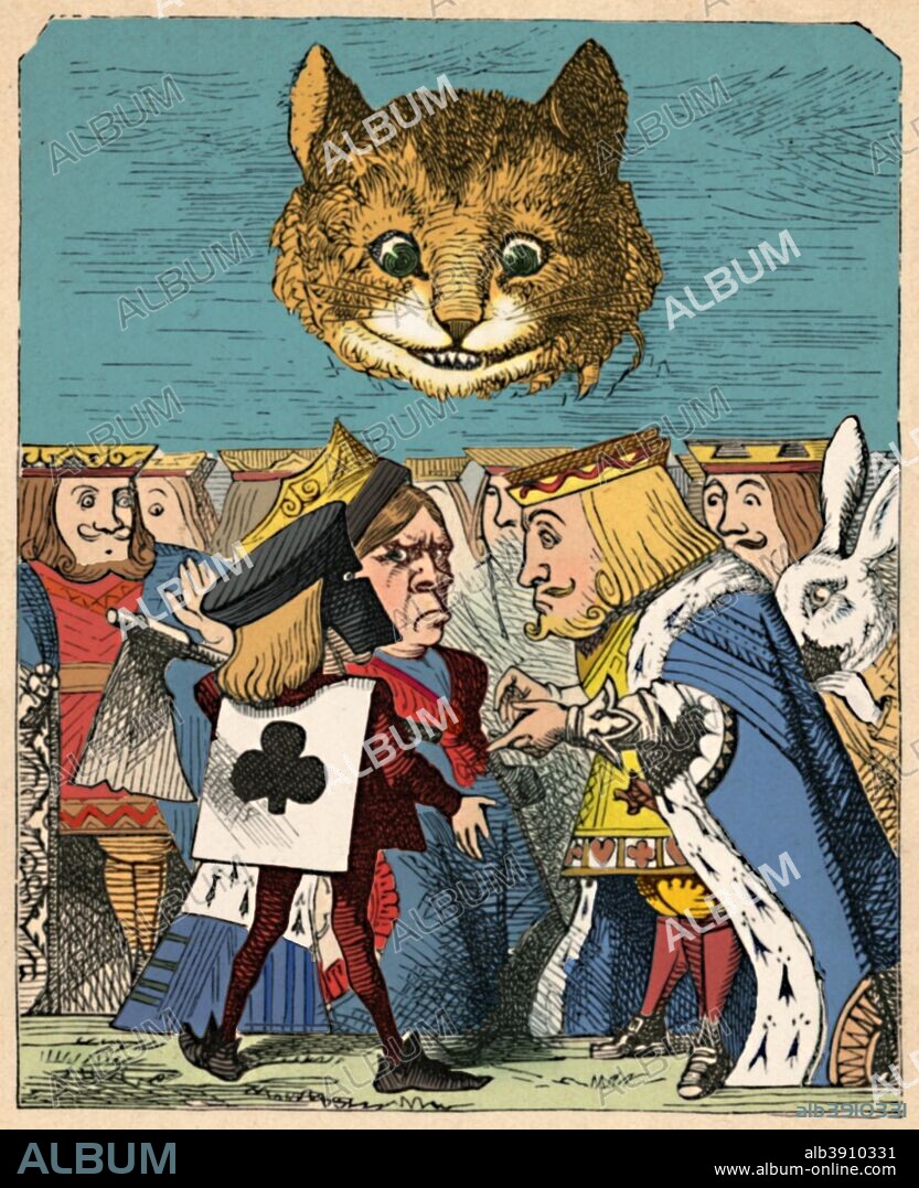 'The Cheshire Cat looking down at the Red King and Queen having an argument', 1889. Lewis Carroll's (1832-1898) 'Alice in Wonderland' as illustrated by John Tenniel (1820-1914). From Alice's Adventures in Wonderland by Lewis Carroll. [Macmillan & Co., New York, 1889]. (Colorised black and white print).