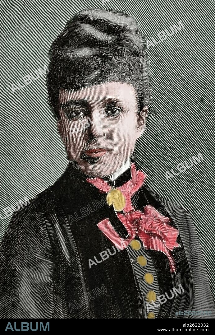 MARIA CRISTINA DE HABSBURGO-LORENA (1858-1929) Reina de España (1879-1885) y Regente (1885-1902). Esposa de Alfonso XII. Grabado por Arturo Carretero. "Almanaque de La Ilustración", 1880. Coloreado.