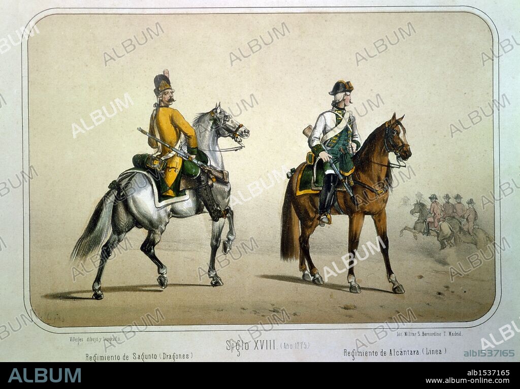 Reinado de Carlos III (1759 a 1788). Regimiento de Dragones Sagunto y Regimiento de línea Alcántara en el año 1775. Dibujo de Villegas. Lámina número 29 del ALBUM DE LA CABALLERIA ESPAÑOLA del Teniente General Conde de Clonard. Litografía Militar, Madrid, año 1861.