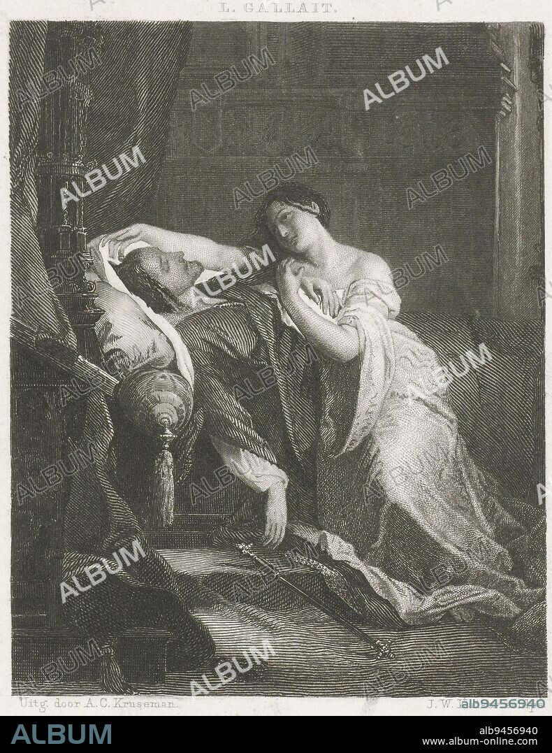 Johanna the Deranged near the corpse of Philip the Handsome, Johann Wilhelm Kaiser (I), after Louis Gallait, 1823 - 1900, In a room, Johanna the Deranged, Queen of Castile, sits on a bed near the dead body of her husband Philip the Handsome, Duke of Burgundy, 1506., print maker: Johann Wilhelm Kaiser (I), (mentioned on object), after: Louis Gallait, (mentioned on object), publisher: Arie Cornelis Kruseman, (mentioned on object), 1823 - 1900, paper, etching, h 203 mm × w 138 mm.