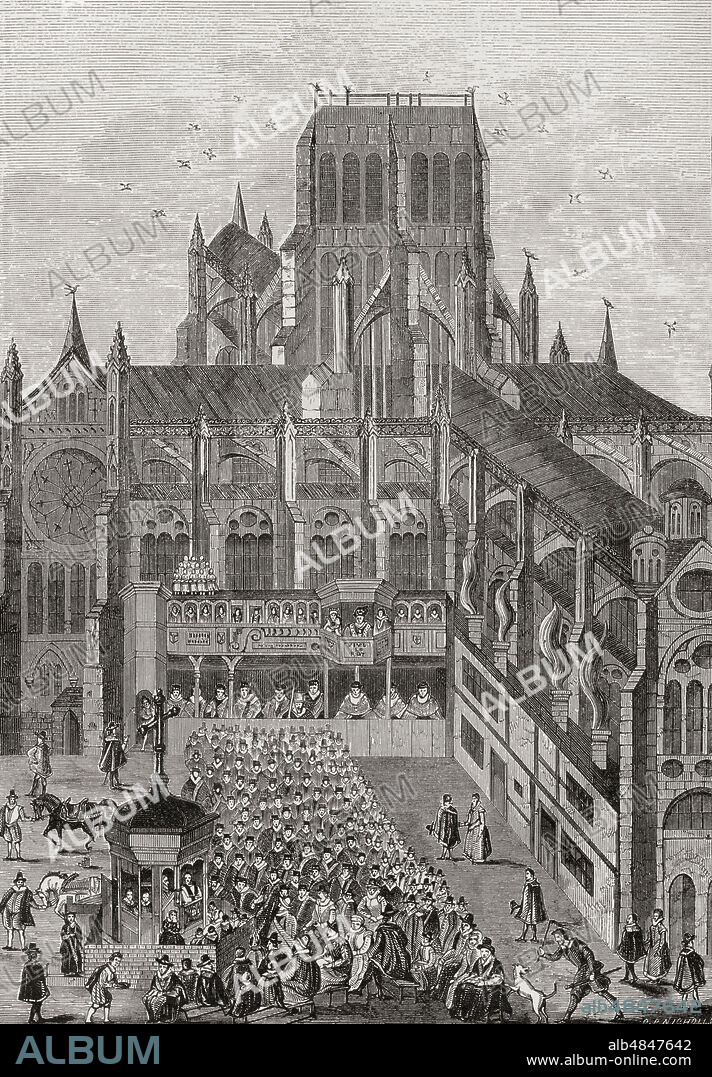 St Paul's Cross, a preaching cross and open-air pulpit in the grounds of Old St Paul's Cathedral, London, England, seen here in 1620. From London Pictures, published 1890.