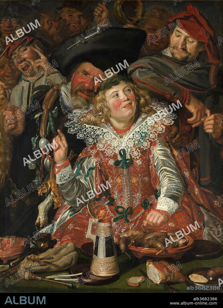 Merrymakers at Shrovetide. Artist: Frans Hals (Dutch, Antwerp 1582/83-1666 Haarlem). Dimensions: 51 3/4 x 39 1/4 in. (131.4 x 99.7 cm). Date: ca. 1616-17.
The loud style of this early work by Hals suits its subject, which is Vastenavond (Shrovetide or Mardi Gras), a pre-Lenten carnival featuring bad food and worse behavior. Two characters from the comic stage, Peeckelhaering (Pickled Herring) and Hans Wurst (John Wiener?), cozy up to a young "lady" with a Dutch boy haircut and a bull neck. Hans's gesture, the deflated bagpipe, and other motifs comprise a chorus of sexual commentary. The picture looks surprisingly Flemish in its vivid coloring, loose brushwork, and crowded composition, which suggests that it may date from slightly after Hals's three months in Antwerp during 1616. In that mecca for Netherlandish artists he could have seen great works by Rubens and the early paintings of his own Flemish counterpart, Jacob Jordaens (1593-1678).