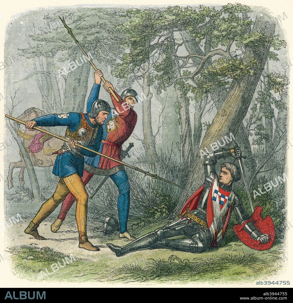 'Death to the Kingmaker', 1864.  Richard Neville, 16th earl of Warwick, known as the Kingmaker (1428-1471), was an English nobleman, administrator, and military commander, he  died in battle on  April 14, 1471 in Barnet, Hertfordshire, England. From A Chronicle of England B.C. 55 - A.D. 1485 by James E. Doyle. [Longman, Green, Longman, Roberts & Green, London, 1864]'.