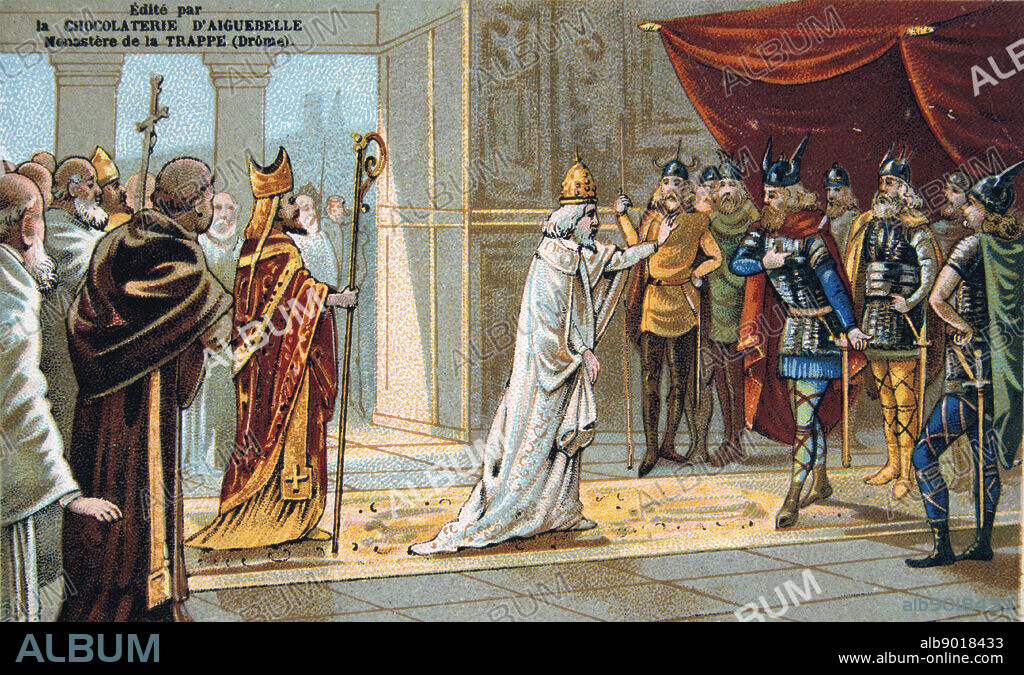 Pope Stephen II (III) in Paris asking Pepin the Short for help against the Lombards. Pepin or Pippin (714-768) King of the Franks from 751, father of Charlemagne. Nineteenth century Trade Card Chromolithograph.