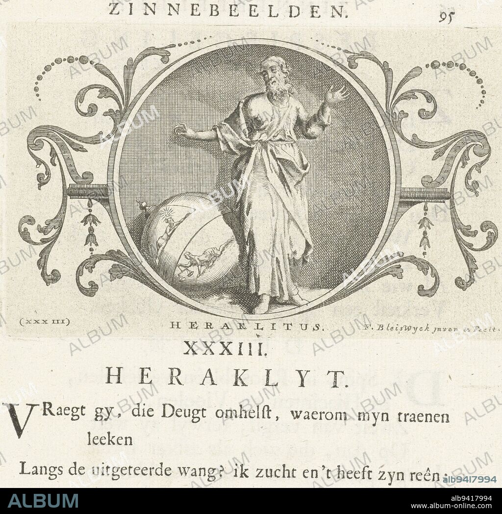 Emblem with philosopher Heraclitus weeping standing beside globe on which female personifications of justice and truth crawl about defeated Below the representation is a poem, Emblem with philosopher Heraclitus Heraklitus , print maker: François van Bleyswijck, (mentioned on object), François van Bleyswijck, (mentioned on object), Leiden, 1681 - 1737 and/or 1737, paper, etching, h 196 mm × w 150 mm, h 125 mm × w 77 mm.