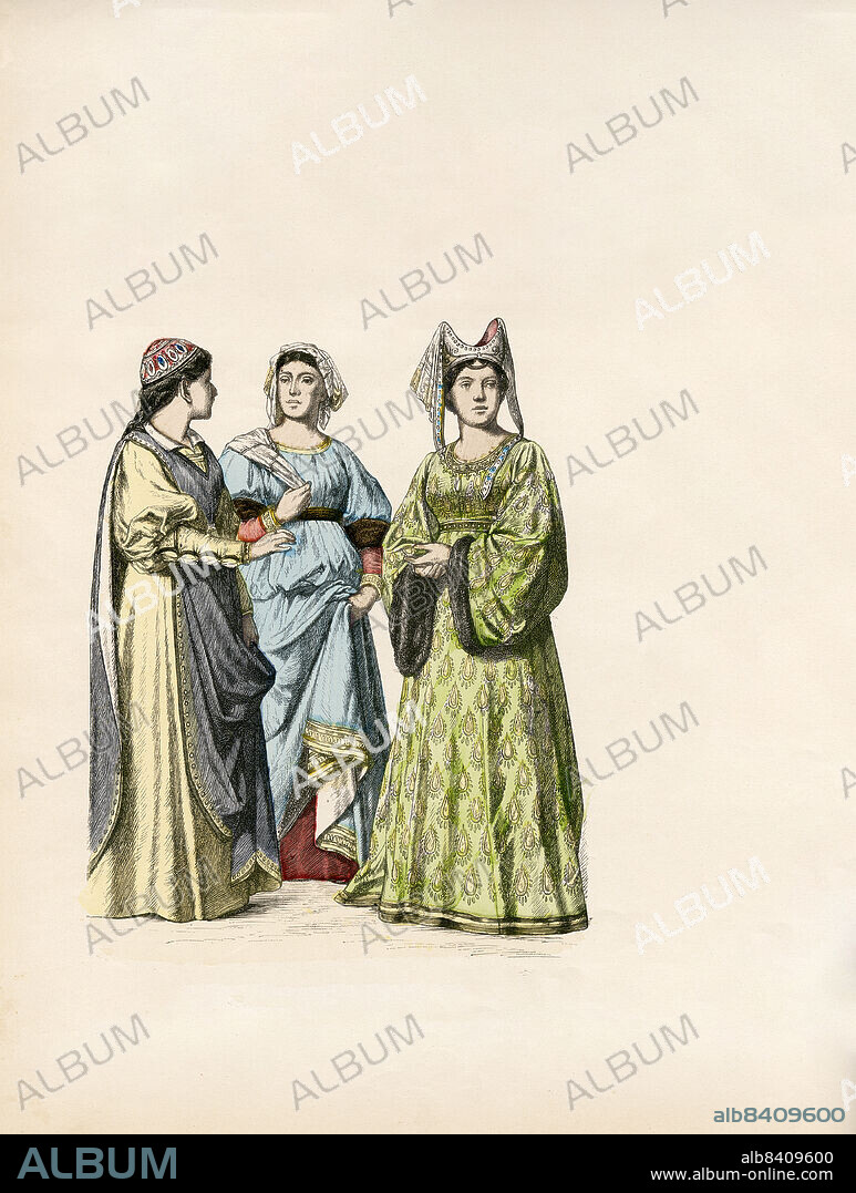 Italian Girl, Noblewoman, Lady of Siena, Italy, Second Half of the 14th Century, Illustration, The History of Costume, Braun & Schneider, Munich, Germany, 1861-1880.
