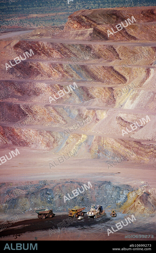 The Argyle Diamond Mine, in the Kimberley region of Western Australia, is the world's largest diamond producer in the world, by volume. Working on the steeply terraced ore pit.