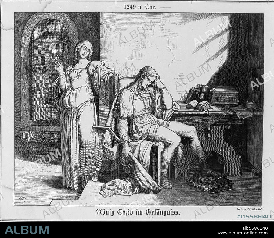 Enzio, König von Sardinien, (natürl. Sohn Kaiser Friedrichs II.), um 1215/16 - Bologna 14.3.1272. "König Enzio im Gefängnis". (1249-72 in Haft im Palazzo del Podesta in Bologna, von Lucia di Viadagola getröstet). Holzstich, um 1860, nach Zeichnung von Josef Mathias von Trenkwald (1824-1897), 14,4 × 18,8 cm. Berlin, Sammlung Archiv für Kunst und Geschichte.