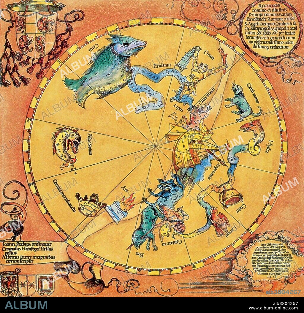 Map of the Southern Sky, with representations of constellations, decorated with the crest of Cardinal Lang von Wellenburg, and a dedication to him with his coats of arms and the Imperial copyright. t is one of the oldest European printed star charts produced by DÃ¼rer in 1515. A star chart or star map is a map of the night sky. Astronomers divide these into grids to use them more easily. They are used to identify and locate astronomical objects such as stars, constellations and galaxies. They have been used for human navigation since time immemorial. Albrecht DÃ¼rer (May 21, 1471 - April 6, 1528) was a German painter, engraver, printmaker, mathematician, and theorist. His woodcuts established his reputation and influence across Europe when he was still in his twenties, and he has been conventionally regarded as the greatest artist of the Northern Renaissance ever since. He died in 1528 at the age of 56.