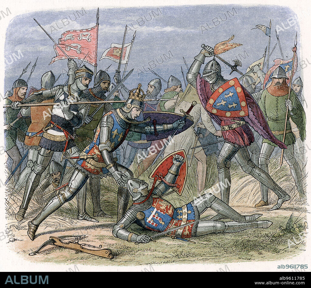 Battle of Crecy, France, August 1346 (1864). A major engagement of the Hundred Years War between England and France (1337-1453). Edward III of England and his son Edward, the Black Prince, led their army of some 12,000 men to victory over Philip VI of France and his army of 30,000-40,000. The English longbowmen played a decisive role in gaining the victory.