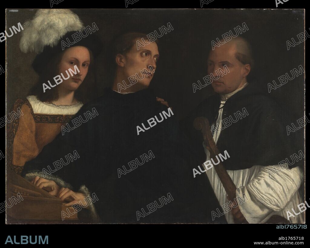 Interrupted Concert, by Tiziano Vecellio known as Titian, 1507-1508 about, 16th Century, oil on canvas, cm 86,5 x 123,5. Italy, Tuscany, Florence, Palazzo Pitti, Palatine Gallery. All. Triple portrait concert men young man plumed feathered hat feather monk musician player musical instruments, probably organ, dress white cape spinet lute black.