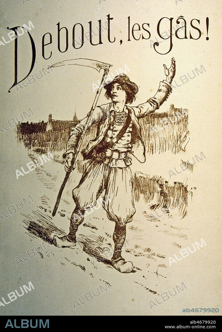 'Debout les gas !' : chanson de Theodore BOTREL (1868-1925) tiree du recueil 'Chansons de la fleur de lys', publie en 1899. Couverture de partition representant un soldat vendeen portant une faux. Credit : JEAN VIGNE / KHARBINE-TAPABOR.