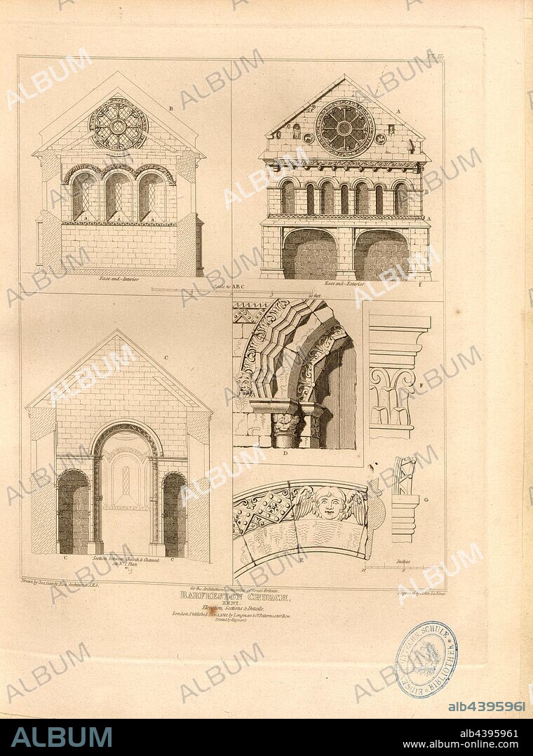 Barfreston Church, Kent, Elevation, Sections, Details of St. Nicholas' Church in Barfrestone Kent, signed: Drawn by Jos., Gandy, Engraved by John Le Keux; Published by Longman & Co, Fig. 11, Pl. II, p. 52, Gandey, Joseph (drawing); Keux, John Le (engraving); Longman & Co. (published), 1812, John Britton: The architectural antiquities of Great Britain: represented and illustrated in a series of views, elevations, plans, sections and details of various ancient English edifices: with historical and descriptive accounts of each. Bd. 4. London: J. Taylor, 1807-1826.