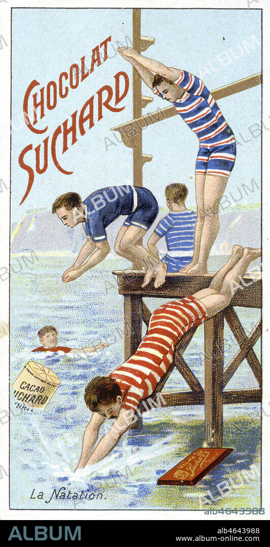 Chromo chocolat Suchard, hommes en maillots de bain a rayures, plongeanth. Credit: Collection Kharbine-Tapabor.