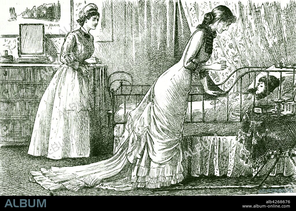 An engraving depicting a mother, and nursery maid, checking in on a sick child. Illustrated by George du Maurier (1834-1896) a Franco-British cartoonist and author. Dated 19th century.