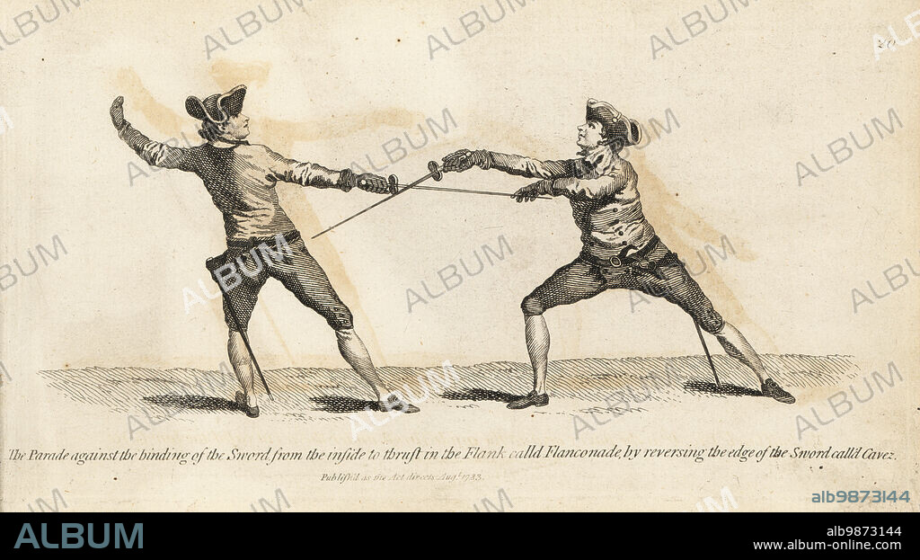 Georgian gentlemen fencers performing the Flanconade. The Parade against the binding of the Sword from the inside to Thrust in the Flank call'd Flanconade, by reversing the edge of the Sword call'd Cavez. Foxing and offsetting on the plate. Copperplate engraving after an illustration by Thomas Rowlandson from Mr. Domenico Angelo's The School of Fencing, London, 1783.