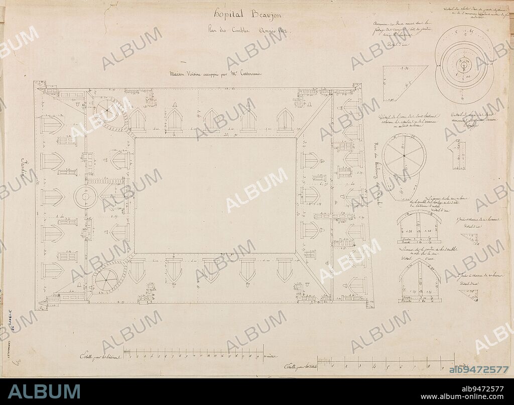 Beaujon Hospital, Clichy, Paris, France: plan of the attic 1822, Rohault de Fleury, Charles, Draftsman, Array, Drawing, Graphic arts, Architectural drawing, Plan, section, elevation, Pencil, Pen, Black ink, Height: 53.6 cm, Width: 39.8 cm.