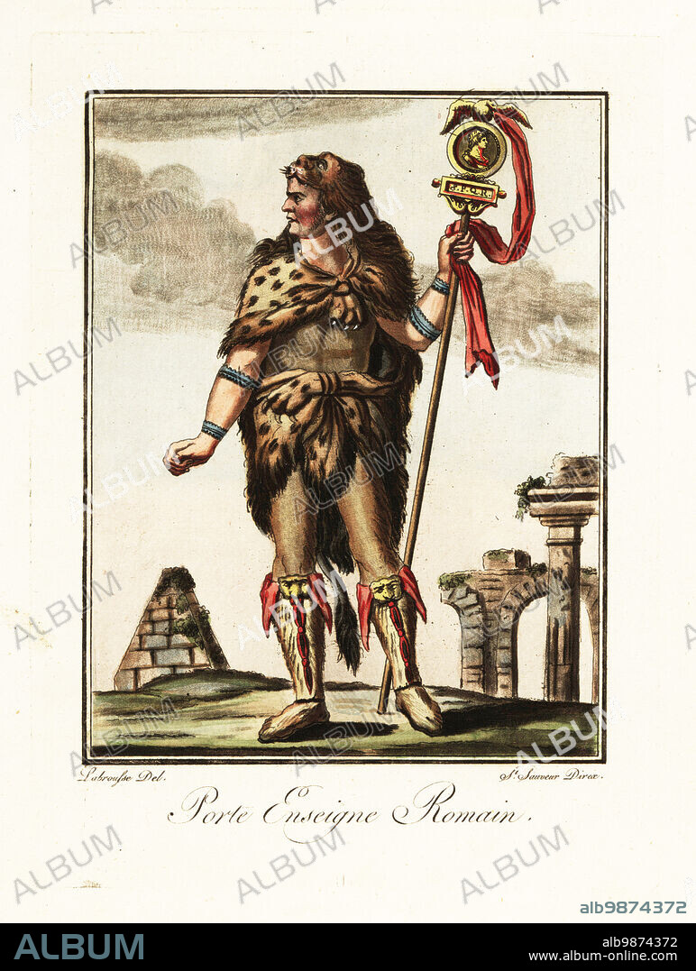 Costume of a standard bearer, ancient Rome. The aquilifer wears a leopard skin tied around his torso, animal-skin boots with lion heads. The aquila standard has a gold eagle, portrait, tablet with SPQR, and scarlet ribbon. Ruined arches and columns behind Porte Enseigne Romain. Handcoloured copperplate drawn and engraved by L. Labrousse, artist of Bordeaux, under the direction of Jacques Grasset de Saint-Sauveur from his Lantique Rome, ou description historique et pittoresque, Ancient Rome, or historical and picturesque description, Chez Deroy, Paris, 1796.