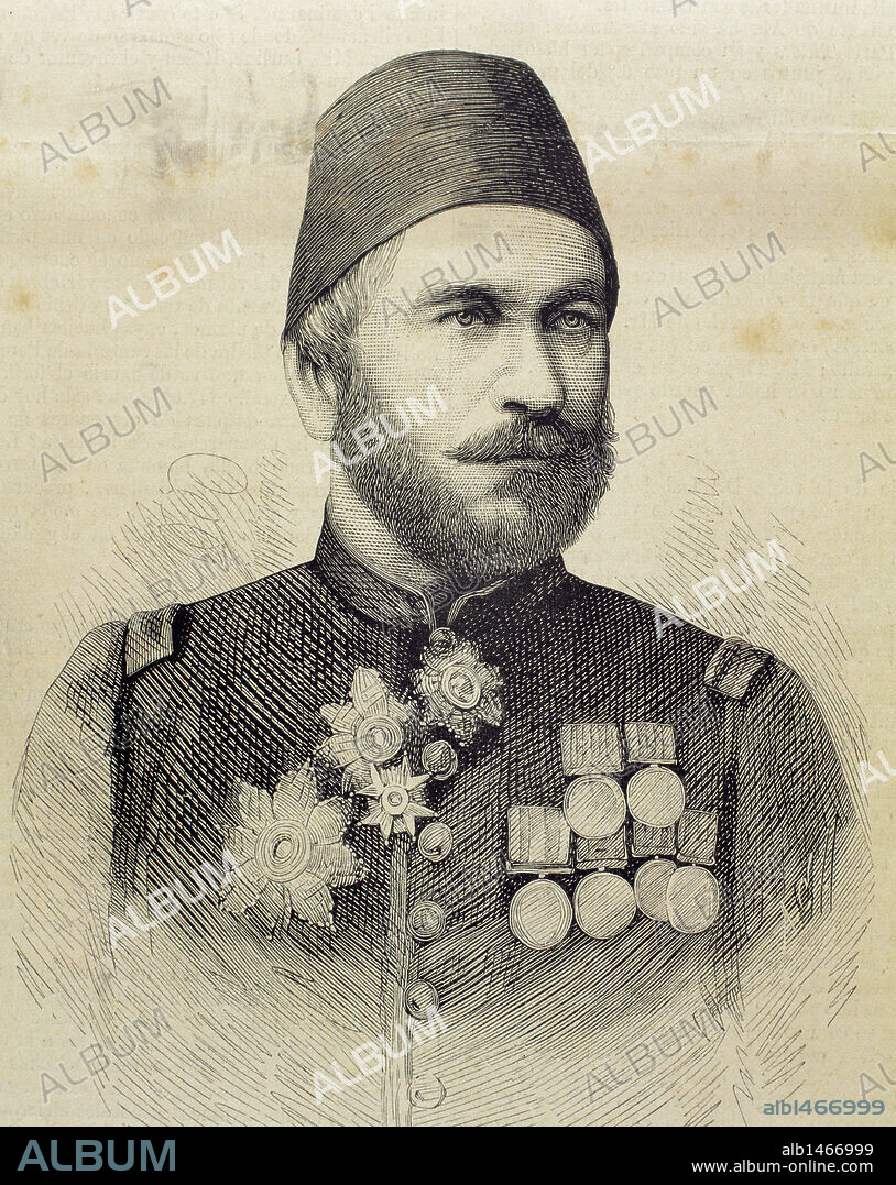 MUHAMMAD ALI BAJA (n. Magdeburgo, 1829). General en jefe del ejército turco en Bulgaria cuyo nombre primitivo era Jules Detroit. En 1854 quedó agregado al Estado Mayor del general Omar Bajá y tomó parte activa en las campañas del Danubio y de Crimea. Grabado de "La Ilustración Española y Americana" por A. Carretero, 1877.