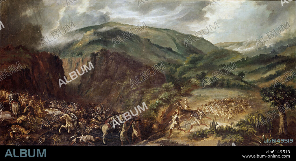 GUMERSINDO ROBAYNA Y LAZO. LA BATALLA DE ACENTEJO EN 1493 - PINTURA SIGLO XIX.
