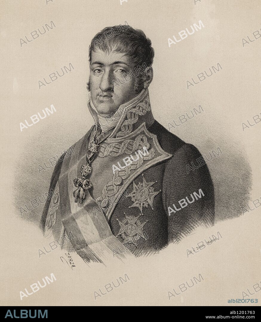 Fernando VII (1784-1833), tercer hijo de Carlos III. Rey de España desde 1808 a 1833. Conocido por el sobrenombre de Rey Felón y el Deseado. Grabado de 1870.