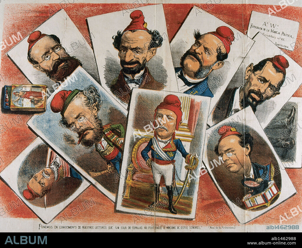 Reinado de ISABEL II de Borbón (Madrid,1830-París 1904). Caricatura del interior de la revista "LA FLACA", siglo XIX. Barcelona. Cataluña.