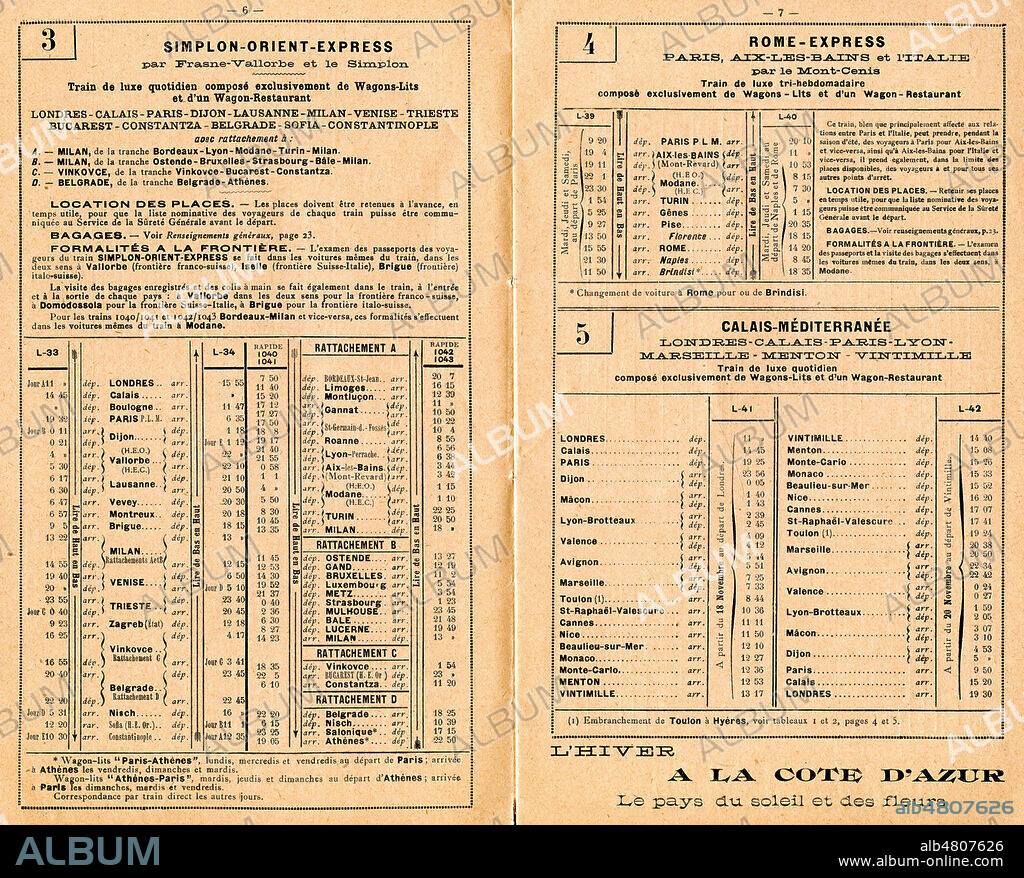 Horaires des trains du Simplon-Orient-Express. Carnet des Principaux services des trains de voyageurs PLM du 3 novembre 1922. (Indicateur de chemin de fer). Credit : Collection IM/Kharbine-Tapabor.