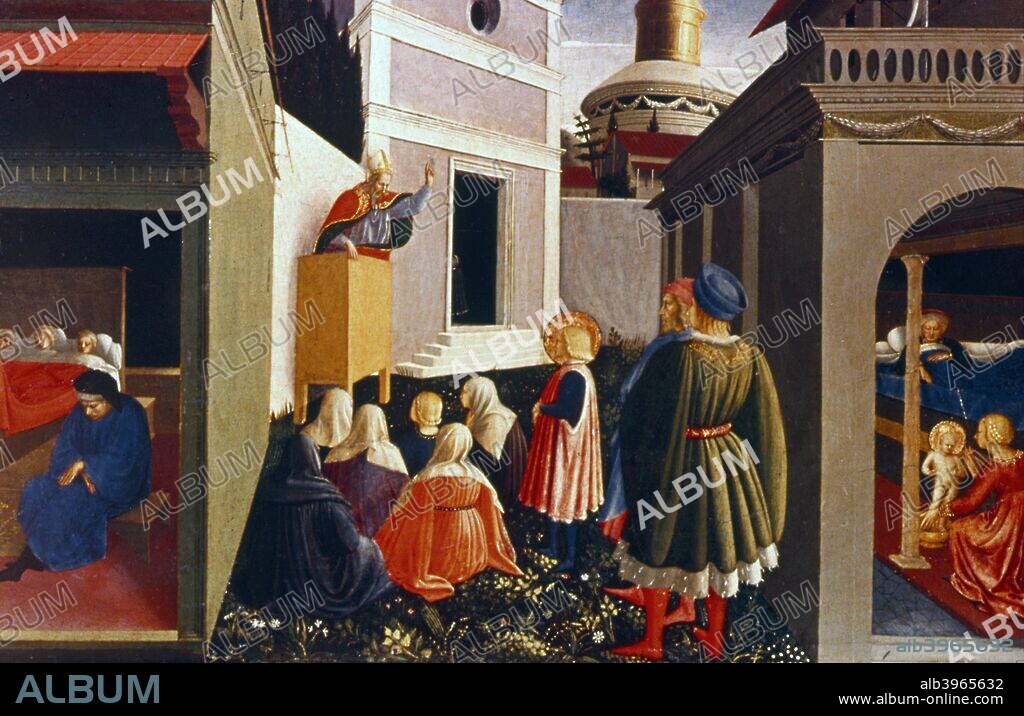 'The Vocation of St Nicholas', 1437. The birth of St Nicholas; St Nicholas preaching; three poor girls whose dowries he paid to save them from prostitution. St Nicholas (dc350), Bishop of Myra, the original of Santa Claus. Part of the Perugia triptych, from the Vatican Museum (Pinacoteca), Rome.