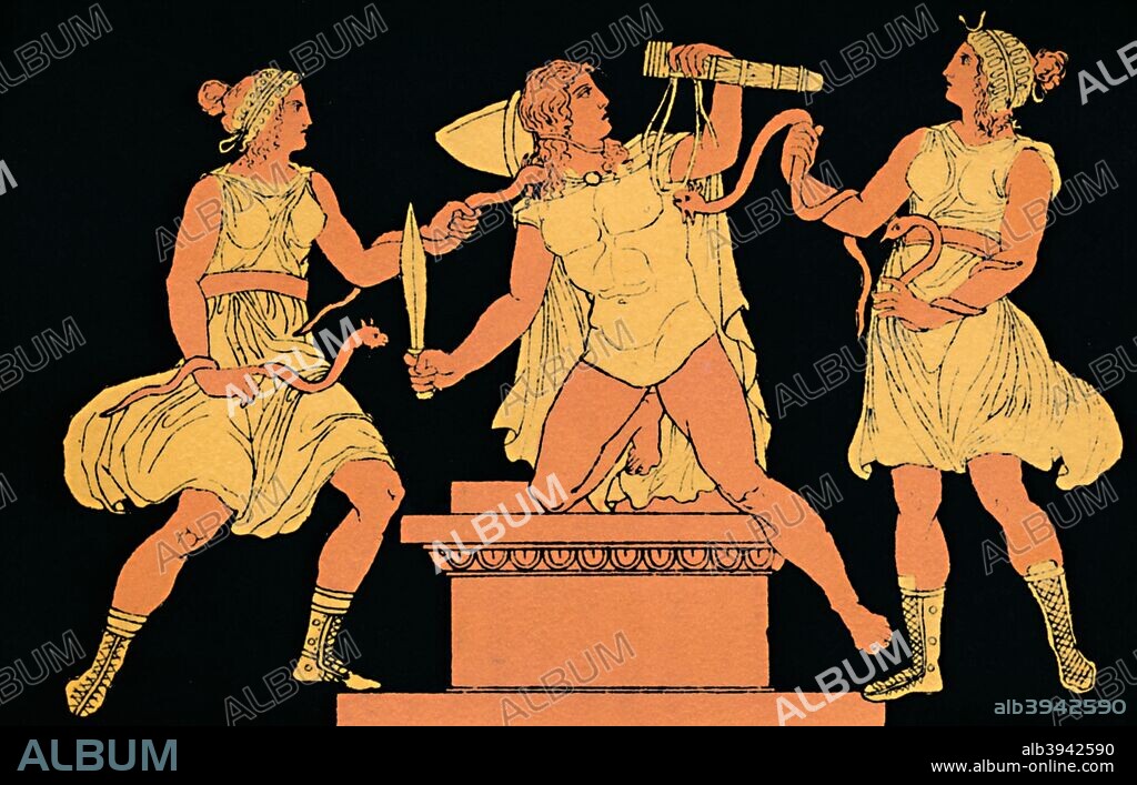 'Orestes Pursued by Furies', 1880. Following the murder of his mother, Orestes is tormented by The Furies, beings who personify the anger of the dead. From Stories from the Greek Tragedies by the Rev. Alfred J. Church, M.A. [Seeley, Jackson, & Halliday, London, 1880].