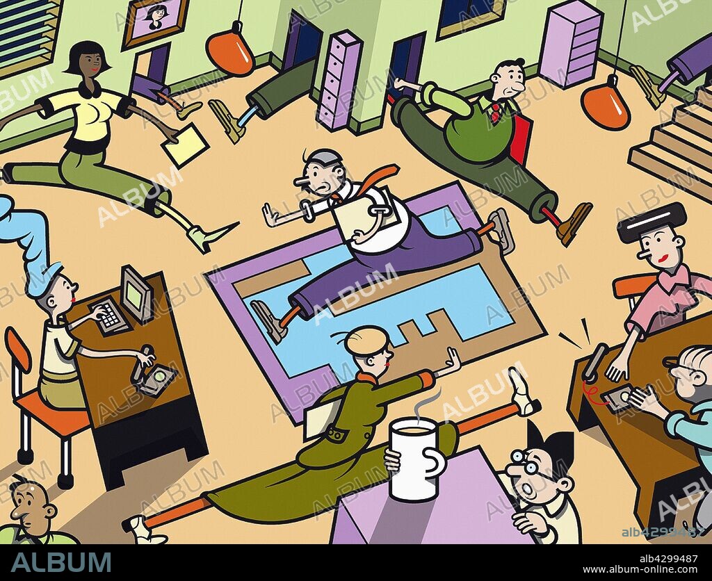 Busy people running around office.