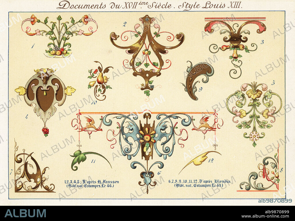 Design elements and decorative motifs from the rococo era of Louis XIII, 17th century. 1-5 after H. Janssen, 6-12 after Michel Blondus. Chromolithograph designed and lithographed by Ernst Guillot from Elements d'Ornementation du XVIIem et XVIIIe Siecle, Elements of Ornament of the 17th and 18th century, Renouard, Paris, 1890.
