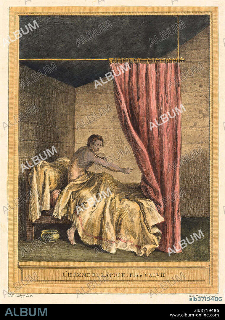 BENOÎT-LOUIS PRÉVOST AFTER JEAN-BAPTISTE OUDRY. L'homme et la puce (The Man with Fleas). Dated: published 1756. Medium: hand-colored etching.