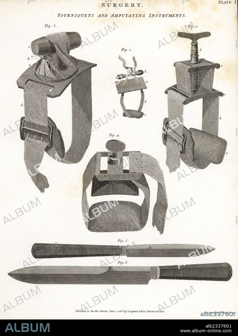 Surgical equipment including tourniquets and amputation instruments from the 19th century. Copperplate engraving by Wilson Lowry from Abraham Rees' "Cyclopedia or Universal Dictionary," London, 1816.