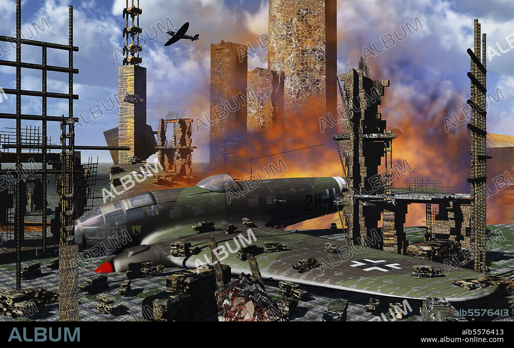 The burning wreckage of a German Heinkel He 111 shot down by a British Spitfire during the Battle of Britain.