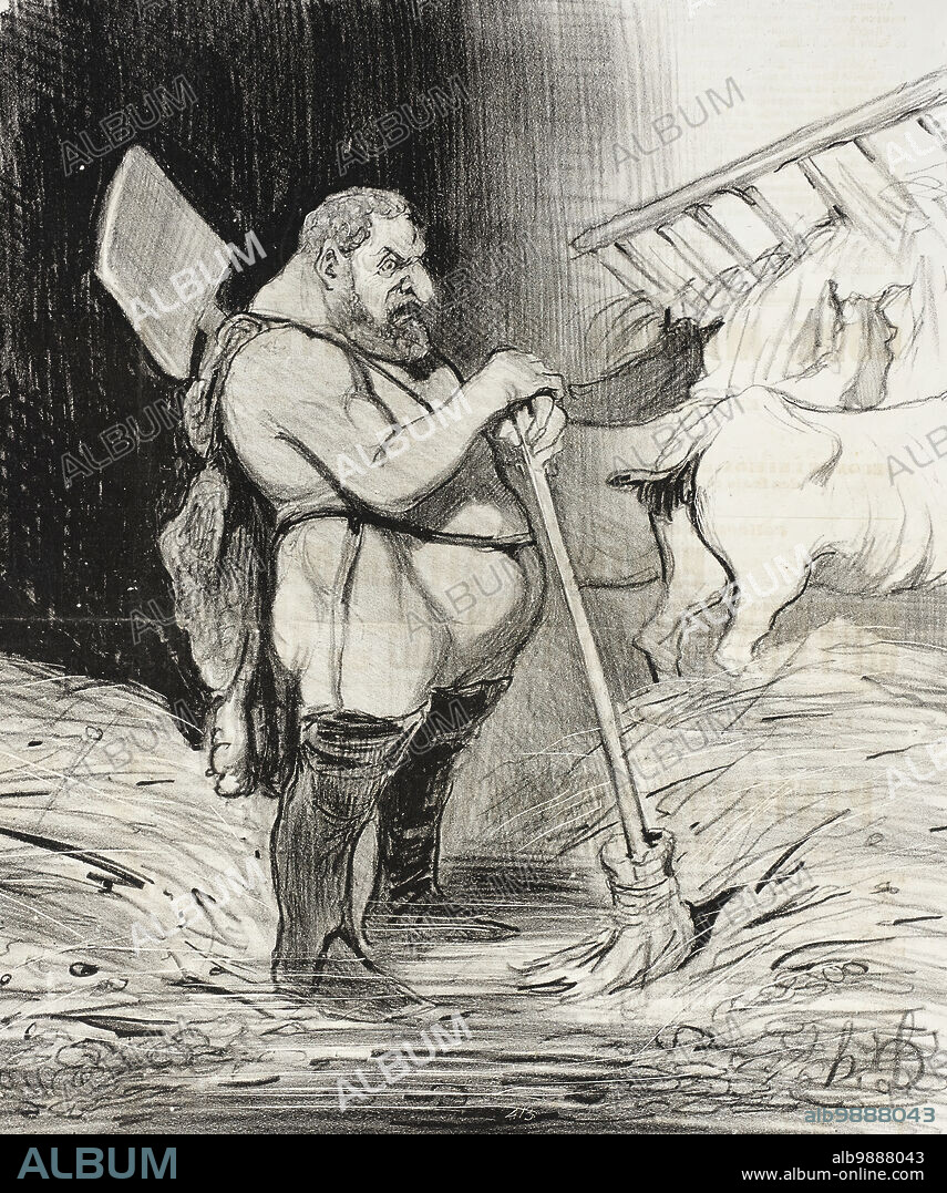 HONORÉ DAUMIER. Les Écuries d'Augias, 1842. The Augean Stables. Se faire recureur, pour un hèros superbe, C'est, par Hercule, un goût difficile à chanter. Mais comme le dit un proverbe: D'ECOUTS et des couleurs on ne peut disputer. (Calembourg inédit de M. Delessert) To become a scourer, for a superb hero, It is, by Hercules, a taste difficult to sing. But as a proverb says: LISTENING and colours cannot be argued with. (Unpublished pun by Monsieur Delessert). From L'Histoire ancienne.