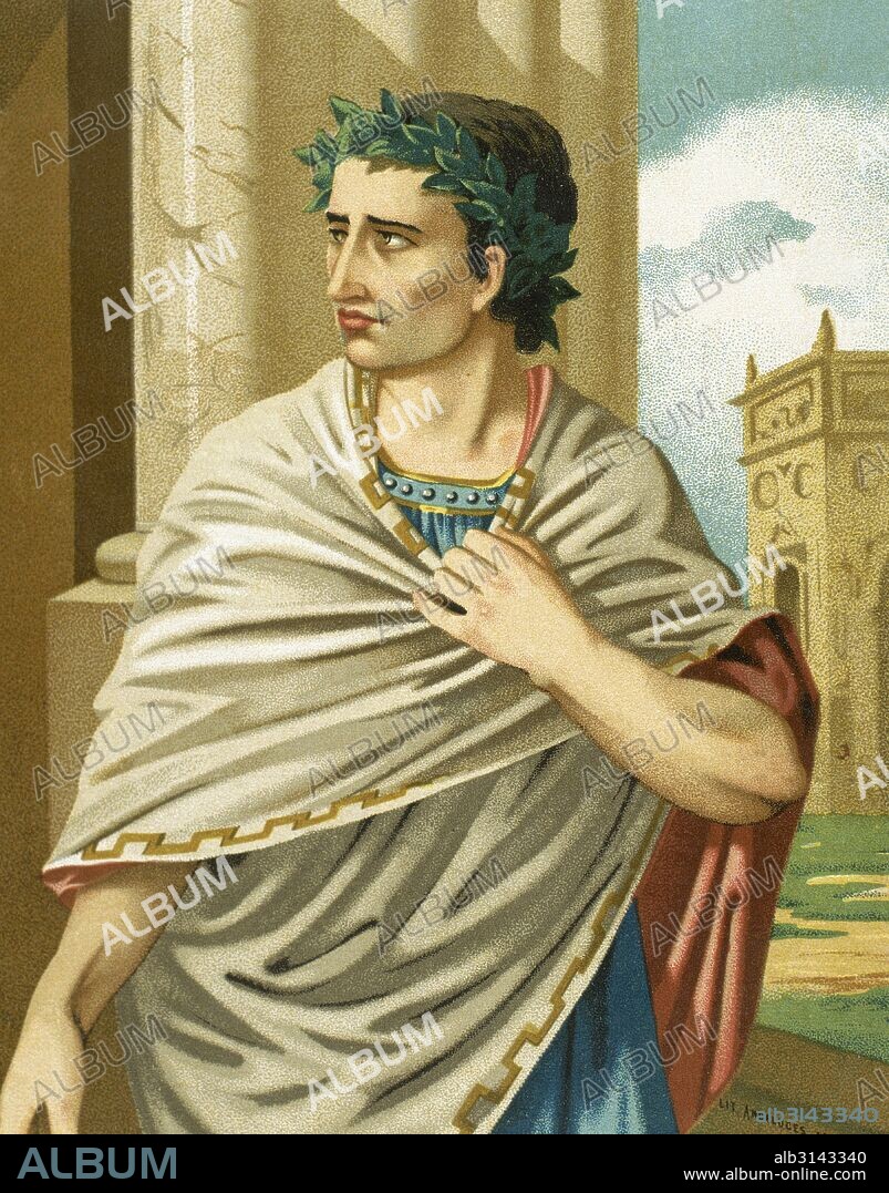 Gaius Julius Caesar (ca. 100-44 B.C.). Roman statesman, general, and writer. Portrait in "Personajes Ilustres", 1875. Color.