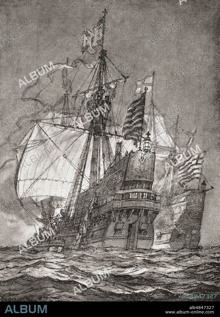 EDITORIAL The Spanish galleon Nuestra SeÃ±ora de la ConcepciÃ³n aka Cacafuego, captured by Sir Francis Drake aboard The Golden Hind,1579.  From The Book of Ships, published c.1920.