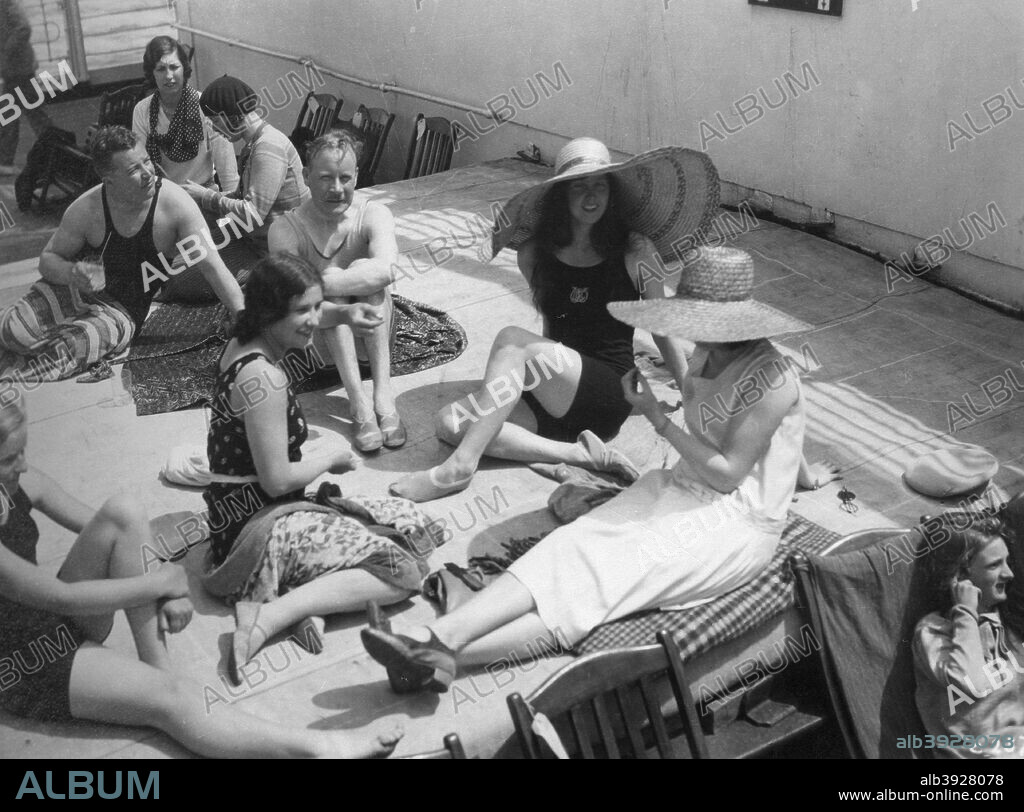 Passengers sunbathing on board a cruise ship, c1920s-c1930s(?).