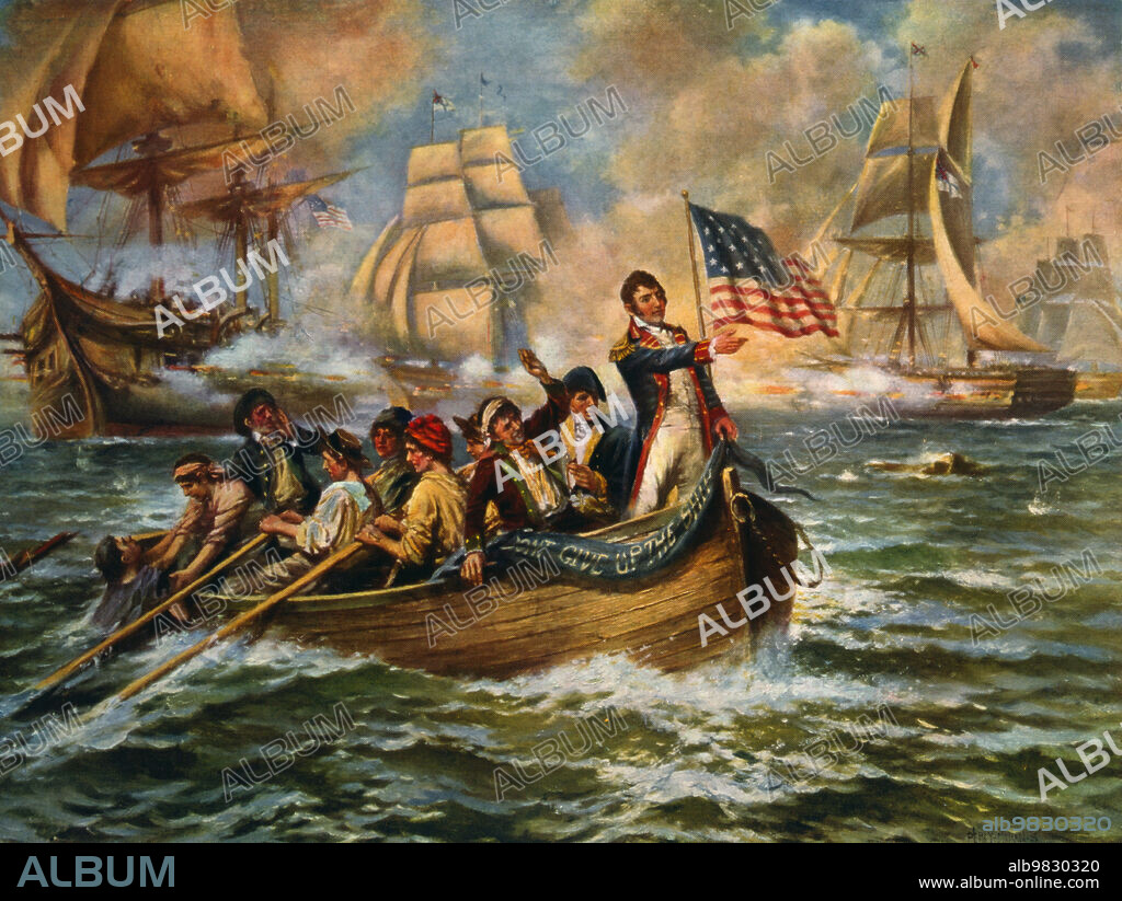 Battle of Lake Erie during the War of 1812. After a work by E. Percy Moran. The picture shows the American Oliver Hazard Perry transferring from his damaged flagship Lawrence to another ship, the Niagara.
