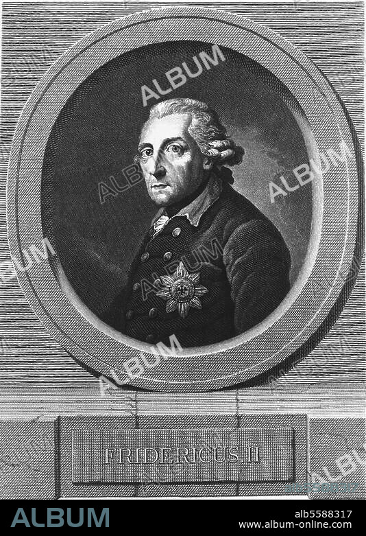 Friedrich II. (der Große), König von Preußen, 24.1.1712 (Berlin) - 17.8.1786. Sanssouci bei Potsdam). - "Fridericus II". Kupferstich, 1787, von Johann Friedrich Bause (1738-1814) nach Gemälde, 1781, von Anton Graff (1736-1813). Pl. 36,7 × 26,5 cm.