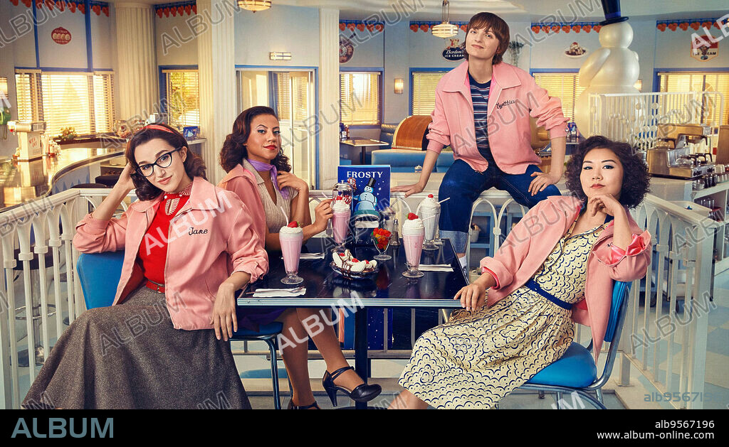 ARI NOTARTOMASO, CHEYENNE ISABEL WELLS, MARISA DAVILA and TRICIA FUKUHARA in GREASE: RISE OF THE PINK LADIES, 2023, directed by ALETHEA JONES. Copyright PARAMOUNT TELEVISION.