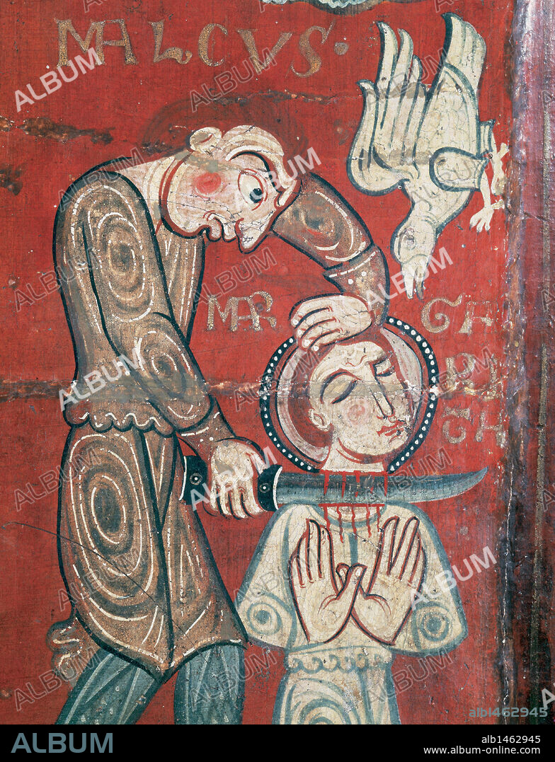 ARTE ROMANICO. ESPAÑA. S. XII. FRONTAL DE ALTAR DE SANTA MARGARITA. Pintura sobre madera. Detalle de la DEGOLLACION DE SANTA MARGARITA. Parroquia de Sescorts (Vilaseca). Museo Diocesano de Vic. Comarca de Osona. Provincia de Barcelona. Cataluña.