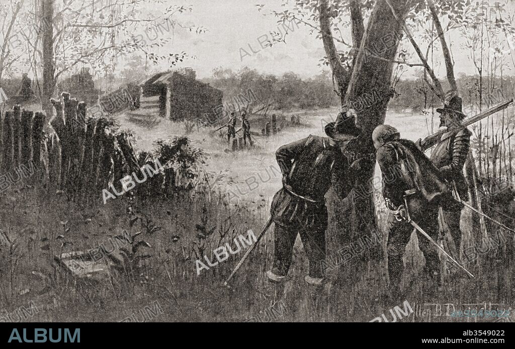 The Lost Colony of Roanoke, Roanoke Island, North Carolina, where 115 people mysteriously disappeared c. 1590. John White discovers the word Croatoan carved onto a tree upon his return to the deserted Roanoke Colony in 1590. From The History of Our Country, published 1899.